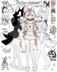  +_+ 3girls animal_ears black_hair bone brown_hair closed_mouth collar commentary dog_ears dog_tail dress fluffy_tail fringe_trim full_body highres holding jewelry kemonomimi_mode long_hair looking_at_viewer multiple_girls multiple_views original reference_sheet shoes short_hair simple_background skirt smile standing tail taonoinu thigh-highs untranslatable_commentary white_background white_hair white_thighhighs 