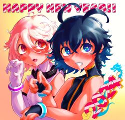  1boy 1girl antenna_hair aygoftenover bare_shoulders blue_eyes blue_hair blush bracelet braid commentary_request english_text gloves happy_new_year highres jewelry looking_at_viewer mian_long new_year open_mouth pale_skin red_eyes short_hair shy_(character) shy_(series) simple_background smile upper_body white_gloves white_hair 