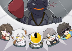  ! 1girl 1other 4boys :d black_hair black_sclera blue_eyes brown_hair chibi chibi_inset colored_sclera colored_tips enigma_(reverse:1999) ferrofluid fishbowl_helmet grey_background grey_hair hammer hayde_ink helmet heterochromia highres holding holding_hammer humanoid_robot innertube joints lucy_(reverse:1999) medicine_pocket metal_hair metal_skin mismatched_sclera multicolored_hair multiple_boys name_day_(reverse:1999) object_head open_mouth reverse:1999 robot robot_girl robot_joints sharp_teeth short_hair smile sunglasses swim_ring teeth toy_hammer ulrich_(reverse:1999) v-shaped_eyebrows violet_eyes whac-a-mole white_hair x_(reverse:1999) yellow_eyes 