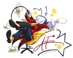  1boy 2026 2d ant_tenna black_pants chair character_name commentary crt deltarune digital_media english_commentary full_body gloves heart_print holding holding_microphone humanoid humanoid_robot index_finger_raised long_sleeves male male_focus male_only microphone necktie no_eyes noblechinchi object_head pants paper pointy_nose print_socks radio_antenna red_suit robot robot_boy shoes signature simple_background socks solo star_(symbol) suit swivel_chair tailcoat teeth television transparent_background utdr_(toby_fox) white_gloves white_socks wire yellow_necktie yellow_shoes 