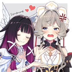  2girls absurdres bare_shoulders black_hair blue_eyes blush bonnet brown_hair character_name closed_eyes closed_mouth columbina_(genshin_impact) commentary_request detached_sleeves dress eye_mask genshin_impact hair_ornament head_wings heart heykenp_12 highres long_hair long_sidelocks long_sleeves mask multicolored_hair multiple_girls multiple_wings purple_hair purple_streaks ribbon sandrone_(genshin_impact) see-through_clothes see-through_mask short_hair_with_long_locks sidelocks simple_background streaked_hair two-tone_hair white_dress white_headdress white_mask white_wings wing_hair_ornament wings wrist_bow yuri 