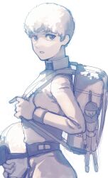  1boy absurdres amuro_ray backpack bag belt black_belt collared_bodysuit commentary_request cowboy_shot doll gundam helmet highres holding holding_unworn_helmet long_sleeves looking_at_viewer male_focus mecha_pilot_suit mobile_suit_gundam monochrome oh_syz parted_lips simple_background solo unworn_headwear unworn_helmet white_background 