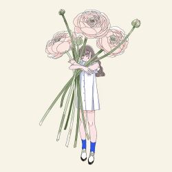  1girl blue_socks blunt_bangs bud closed_eyes commentary dress flower full_body highres hug hugging_object kneehighs long_hair original osakanajelly oversized_clothes oversized_flower oversized_object parted_lips shirt shoes simple_background socks solo standing wavy_hair white_background white_dress white_shirt white_shoes 