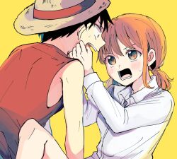  1boy 1girl atsumi_yoshioka bare_shoulders black_hair blush commentary_request hand_on_another's_cheek hand_on_another's_face hat long_sleeves looking_at_another low_twintails monkey_d._luffy nami_(one_piece) official_alternate_costume official_alternate_hairstyle one_piece one_piece:_strong_world open_mouth orange_hair red_vest shirt short_hair single_sidelock straw_hat sweatdrop twintails vest white_shirt wing_collar yellow_background 
