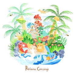  1girl beach berry_(pokemon) carrying_over_shoulder coconut coconut_tree commentary_request dragonite floral_print flower flying foliage gloom_(pokemon) grass happy haru_(pokemon) hawaiian_shirt highres iapapa_berry magikarp monstera_deliciosa mudkip naco_oekaki on_head open_mouth palm_tree panpour pansage pansear pikachu plant pokemon pokemon_(creature) pokemon_concierge pokemon_on_head pothos_(plant) psyduck shirt shore skiploom splashing swimming tall_grass tree tropical water wingull 