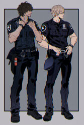  2boys adjusting_shirt arm_hair beard_stubble belt black_shirt blonde_hair border brown_hair collared_shirt commentary cuffs facial_hair full_body grey_border handcuffs highres holster in-franchise_crossover leon_s._kennedy male_focus matching_outfits multiple_boys muscular muscular_male outside_border police police_uniform resident_evil resident_evil_3:_nemesis resident_evil_4 shirt short_hair standing stubble tan thigh_holster umbrella_rpd untranslatable_commentary walkie-talkie watch watch 