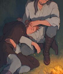  2boys boots brown_boots brown_hair brown_robe campfire grass grey_pants highres lanimalu lap_pillow long_hair multiple_boys night obi-wan_kenobi outdoors pants qui-gon_jinn robe sitting star_wars star_wars:_the_phantom_menace tunic white_tunic 