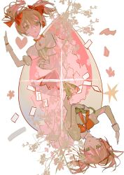 2girls absurdres amy_(madoka_magica) animal baby_animal black_cat black_skirt bow bow_choker bowtie buttons cat center_frills cherry_blossoms chest_jewel chinese_commentary choker collared_shirt commentary_request confetti creature dress dress_bow dual_persona empty_eyes expressionless floating_hair frilled_dress frilled_skirt frilled_sleeves frills gem gloves hair_between_eyes hair_bow hair_ribbon heart hexagram high_collar highres holding holding_animal holding_cat holding_creature juliet_sleeves kaname_madoka kaname_madoka_(magical_girl) kitten kyubey lace-trimmed_shirt lace-trimmed_sleeves lace_trim layered_shirt long_sleeves looking_ahead magical_girl mahou_shoujo_madoka_magica mahou_shoujo_madoka_magica_(anime) miniskirt mitakihara_school_uniform multiple_girls mumu5947 parted_lips pink_dress pink_eyes pink_gem pink_hair pleated_skirt puffy_short_sleeves puffy_sleeves red_bow red_bowtie red_choker red_ribbon ribbon rotational_symmetry school_uniform shirt short_dress short_hair short_sleeves short_twintails skirt skirt_under_dress sleeve_cuffs soul_gem_(madoka_magica) sparkle square_neckline star_(symbol) tree twintails upside-down white_background white_gloves white_skirt white_sleeves yellow_shirt