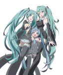  9aki adult alternate_costume aqua_hair blue_hair breasts child dress green_eyes green_hair hatsune_miku headset long_hair multiple_girls nail_polish necktie panties simple_background thigh-highs thighhighs time_paradox twintails very_long_hair vocaloid young 
