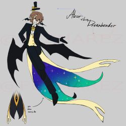  1boy alcor_the_dreambender big_dipper black_gloves black_jacket black_sclera black_wings bow bowtie brown_hair character_name collared_shirt colored_sclera fezharez floating floating_hat full_body gloves grin hair_between_eyes hand_on_own_hip hat head_wings highres jacket low_wings male_focus mini_hat mini_top_hat outstretched_arm pointy_ears shirt smile solo suit_jacket tailcoat top_hat transcendence_au_(gravity_falls) vest white_shirt wings yellow_eyes yellow_vest 