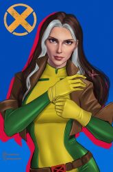  1girl adjusting_clothes adjusting_gloves belt black_eyes blue_background bodysuit breasts brown_hair brown_jacket closed_mouth colored_bangs commentary cropped_jacket drop_shadow english_commentary eyelashes gloves green_bodysuit green_sleeves hair_behind_ear hands_up head_tilt highres inde_navarette instagram_logo instagram_username jacket large_breasts leather leather_jacket long_hair looking_at_viewer marvel multicolored_bodysuit multicolored_hair narrow_waist open_clothes open_jacket parted_bangs parted_hair rogue_(x-men) sergio_lara signature simple_background sleeves_rolled_up twitter_username twitter_x_logo two-tone_bodysuit two-tone_hair upper_body white_hair x-men x_(symbol) yellow_bodysuit yellow_gloves 