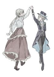  2girls artist_request ascot blindfold boater_hat boots dancing hair_bun highres holding_hands mother_and_child mother_and_daughter multiple_girls parent_and_child reverse:1999 single_side_bun smile urd_(reverse:1999) vertin_(reverse:1999) white_ascot white_background 