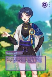  1boy 9701athra ahoge anemo_symbol_(genshin_impact) aqua_gem armor belt black_belt black_bodysuit black_bow black_bridal_gauntlets black_hair black_shorts blue_cape blue_eyes blue_kimono blue_sky blue_sleeves blunt_ends blurry blurry_background bodysuit bow bridal_gauntlets cape clenched_hand clouds cloudy_sky commission covered_collarbone english_text eyelashes eyeliner fake_screenshot feathers flower furisode game_screenshot_background gem genshin_impact gold gold_ring grass hair_intakes hakama hakama_shorts hand_on_own_hip highres japanese_armor japanese_clothes juban kimono kote kurokote layered_sleeves looking_at_viewer makeup male_focus mandarin_collar middle_ring open_clothes open_hand open_kimono open_mouth outdoors pleated_shorts pom_pom_(clothes) purple_rope purple_sash red_eyeliner rope sash scaramouche_(genshin_impact) screenshot_background short_sleeves shorts shoulder_peek side_cape sky solo tassel teeth tongue tree upper_teeth_only vgen_commission video_game_dialogue_box wanderer_(genshin_impact) white_kimono white_sleeves white_trim wispy_bangs wolf_cut yellow_feathers yellow_flower 