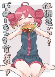 1girl ? ^_^ ahoge antenna_hair artist_name bangs bare_arms bare_legs bare_shoulders barefoot black_shirt black_skirt blush breast_pocket burger buttons closed_eyes double-parted_bangs drill_hair eating food full_body grey_shirt grey_skirt hamburger holding holding_burger holding_food japanese_text kanji kasane_teto kasane_teto_(utau) mayonnaise onion open_mouth question_mark red_hair red_trim salad sekito_kitton sidelocks signature simple_background sitting skirt sleeveless sleeveless_shirt solo tomato tomato_slice twin_drills two-tone_background upper_teeth_only utau white_background