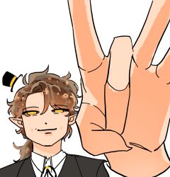  1boy alcor_the_dreambender alcorian-wizard black_jacket black_sclera brown_hair collared_shirt colored_sclera curtained_hair floating_hat forehead_flicking_viewer foreshortening hand_focus hat highres jacket male_focus meme mini_hat mini_top_hat neck_ribbon pointy_ears ponytail portrait pov ribbon shirt smirk solo suit_jacket top_hat transcendence_au_(gravity_falls) white_shirt yellow_eyes 