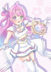  1girl a5hio absurdres ahoge back_bow blue_hair boots bow brooch cleavage_cutout clothing_cutout diagonal-striped_background dress earrings four-pointed_star gloves gradient_hair green_eyes hair_ornament hair_rings heterochromia highres himemori_luna holding holding_staff hololive jewelry layered_dress long_hair magical_girl mahou_shoujo_holowitch! multicolored_hair open_mouth pink_hair short_dress single_hair_ring solo staff star_(symbol) star_earrings striped_background thigh_boots violet_eyes virtual_youtuber white_boots white_dress white_gloves 