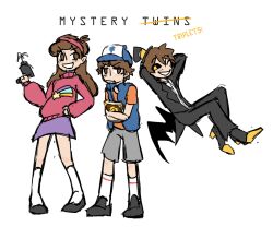  1girl 2boys alcor_the_dreambender alcorian-wizard arms_behind_head black_sclera black_suit blue_vest book brother_and_sister brown_eyes brown_hair colored_sclera commentary crossover dipper_pines empty_eyes english_commentary full_body grappling_hook hairband hat holding holding_book hugging_object low_wings mabel_pines mini_wings multiple_boys orange_shirt pigeon-toed pink_sweater purple_skirt shirt short_hair siblings skirt socks standing suit sweater t-shirt transcendence_au_(gravity_falls) vest white_socks wings yellow_eyes 