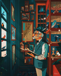  1boy analog_clock aqua_hat aqua_vest artist_name barn_owl beard bird black-framed_eyewear black_bow black_bowtie book bow bowtie cardinal_(animal) clock closed_mouth commentary cowboy_shot english_commentary facial_hair freckles from_side glasses hat highres holding holding_book holding_pen indoors laura_el light_rays male_focus mustache old old_man open_book original owl pen picture_frame porkpie_hat profile robin_(bird) shirt short_hair signature slice_of_life standing toy_boat traditional_bowtie vest white_hair white_shirt 
