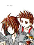  brown_eyes brown_hair coffee father_and_son kratos_aurion lloyd_irving oekaki short_hair simple_background tales_of_symphonia 