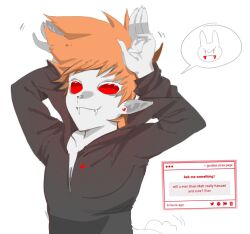  1boy :3 animification arms_up black_coat caramelldansen_(meme) coat colored_eyelashes colored_skin commentary dancing eddsworld english_commentary fan_request fangs long_sleeves male_focus matt_(eddsworld) meme official_alternate_costume official_alternate_eye_color official_alternate_skin_color orange_hair picklesoyum pointy_ears red_eyes short_hair simple_background solid_eyes solo speech_bubble spiky_hair strawpage vampire white_background white_eyelashes white_skin 
