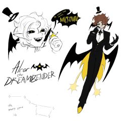  1boy alcor_the_dreambender big_dipper bill_cipher black_gloves black_sclera black_suit black_vest black_wings brown_hair character_name collared_shirt colored_sclera curtained_hair fezharez floating_hat gloves hand_up hat head_wings highres low_wings male_focus mini_hat mini_top_hat multiple_views neck_ribbon pointy_ears ribbon shirt short_hair suit top_hat transcendence_au_(gravity_falls) vest white_shirt wings yellow_eyes 