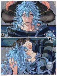  1boy 1girl absurdres anajudraws blue_hair blue_shirt blush commentary english_text headpat highres idia_shroud lap_pillow long_hair night_raven_college_school_uniform school_uniform shirt sitting skirt striped_clothes striped_shirt twisted_wonderland untranslatable_commentary yellow_eyes yuu_(twisted_wonderland) 