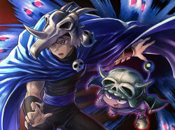  1boy ayasetaru batu_(daikaijuu_monogatari) black_eyes black_hair black_pants black_shirt black_wings blue_cape blue_eyes cape commentary_request cowboy_shot creature daikaijuu_monogatari_the_miracle_of_the_zone demon_tail demon_wings facial_mark flying ghost harvia holding holding_staff horns kaijuu_monogatari_(series) looking_ahead magic male_focus open_mouth pants purple_cape purple_sash red_eyes sash shirt skull_on_head sleeveless sleeveless_shirt smile staff standing tail two-sided_cape two-sided_fabric wings wristband 