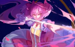 1girl aiming arched_bangs arrow_(projectile) blurry bow bow_(weapon) bubble_skirt buttons center_frills chest_jewel choker closed_mouth collarbone crying crying_with_eyes_open depth_of_field eyelashes facing_viewer falling_petals fighting_stance fire flying_teardrops foreshortening frilled_skirt frills frown fusion gem gloves glowing_arrow hair_between_eyes hair_ribbon heterochromia highres holding holding_bow_(weapon) holding_weapon kaname_madoka kaname_madoka_(magical_girl) light_particles looking_ahead magical_girl mahou_shoujo_madoka_magica mahou_shoujo_madoka_magica_(anime) petals pink_bow pink_eyes pink_fire pink_gem pink_hair pink_petals pink_ribbon red_choker ribbon serious short_twintails sidelighting sidelocks skirt sky solo soul_gem_(madoka_magica) space star_(sky) starry_sky sushik_(vsad8884) tears twintails ultimate_madoka upper_body waist_bow weapon white_gloves white_skirt yellow_eyes