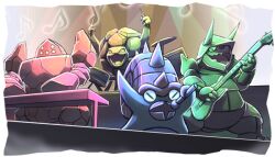 aggron arms_up border closed_eyes cretacerus drum drum_set drumsticks fangs golem_(pokemon) guitar holding holding_drumsticks holding_guitar holding_instrument holding_microphone horns instrument keyboard_(instrument) microphone multiple_monochrome musical_note no_humans omastar open_mouth pokemon pokemon_(creature) pokemon_focus regirock rock_type_theme_(pokemon) second-party_source smile spikes white_border 