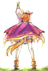  1girl animal_ears arm_up boots cape crown from_behind frxe3828 gold_boots highres horse_ears horse_girl horse_tail long_sleeves mini_crown orange_hair orange_tail pink_cape pink_crown shirt short_hair skirt solo t.m._opera_o_(o_sole_suo!)_(umamusume) t.m._opera_o_(umamusume) tail thigh-highs two-tone_skirt umamusume white_shirt white_thighhighs 