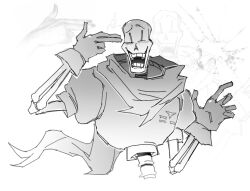  1boy 2026 2d armor bugsoupart commentary cropped_torso digital_media english_commentary finger_gun finger_gun_to_own_head gloves greyscale highres hip_bones humanoid male male_focus male_only monochrome monster monster_boy open_mouth outstretched_arm papyrus_(undertale) print_armor scarf simple_background skeleton solo spine teeth undead undertale utdr_(toby_fox) white_background 