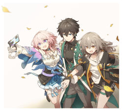  1boy 2girls :d absurdres black_hair bn790ta breasts cellphone choker commentary_request dan_heng_(honkai:_star_rail) dan_heng_(hunt)_(honkai:_star_rail) gloves green_eyes grey_hair highres holding_hands honkai:_star_rail honkai_(series) jacket march_7th_(honkai:_star_rail) march_7th_(preservation)_(honkai:_star_rail) medium_breasts multicolored_eyes multiple_girls off_shoulder overskirt pants phone pink_hair shirt short_hair simple_background skirt smartphone smile stelle_(honkai:_star_rail) thigh_strap trailblazer_(honkai:_star_rail) turtleneck two-tone_eyes yellow_eyes 