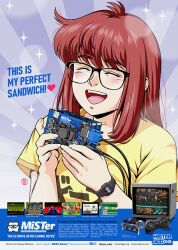 1girl artist_logo castlevania:_rondo_of_blood castlevania_(series) chrono_trigger commentary controller crt donna_bright english_commentary english_text game_controller glasses holding jose_salot logo official_art open_mouth original pitfall_(game) pokemon pokemon_ruby/sapphire/emerald promotional_art red_hair sega_mega_drive_controller shirt smile solitaire solo sparkle street_fighter street_fighter_zero_(series) t-shirt teeth television twitter_username upper_teeth_only watch watch web_address yellow_shirt 