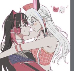  2girls asymmetrical_docking bang_dream! bang_dream!_yumemita black_hair blue_streaks blush breast_press closed_mouth commentary eye_contact face-to-face headphones korean_commentary long_hair looking_at_another miyanaga_nonoka miyanaga_nonoka_(virtual) multicolored_hair multiple_girls parted_lips pink_eyes red_eyes red_hair sengoku_yuno sengoku_yuno_(virtual) simple_background smile ssweank streaked_hair sweat two-tone_hair upper_body white_background white_hair yuri 