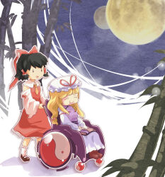  2girls bamboo bamboo_forest black_eyes black_hair black_shoes blonde_hair boots bow brown_boots closed_eyes closed_mouth commentary_request crow's_feet detached_sleeves dress forest frilled_bow frilled_hair_tubes frills full_body full_moon hair_bow hair_tubes hakurei_reimu hat hat_ribbon long_hair mob_cap moon multiple_girls nature necktie night old old_woman open_mouth orb purple_tabard red_bow red_ribbon red_shirt red_skirt ribbon shirt shoes short_hair sitting skirt skirt_set sleeveless sleeveless_shirt smile socks standing tabard touhou uriah-oyu wheelchair white_dress white_hat white_sleeves white_socks wrinkled_skin yakumo_yukari yellow_necktie yin_yang yin_yang_orb 
