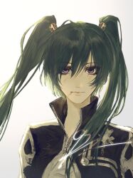  1girl black_jacket black_order_uniform blood blood_from_mouth collared_jacket commentary cropped_torso cross cross_print d.gray-man emblem eyelashes front_zipper gradient_background green_hair grey_background hair_between_eyes hair_ornament high_collar highres jacket lenalee_lee long_hair looking_at_viewer parted_bangs qn_(3686124633qn) sidelocks signature solo striped_clothes striped_jacket twintails vertical-striped_clothes vertical-striped_jacket violet_eyes white_background zipper 
