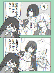  >_< 1boy 2girls araya_(project_moon) blunt_bangs closed_eyes coat coat_on_shoulders greyscale hand_up highres horns jacket japanese_clothes kimono leaning_on_person limbus_company long_hair looking_at_another maki_maki_(makimakipoipoi) monochrome multicolored_hair multiple_girls necktie open_collar project_moon ryoshu_(project_moon) shirt short_hair sinclair_(project_moon) sleeping speech_bubble streaked_hair talking translation_request veil 