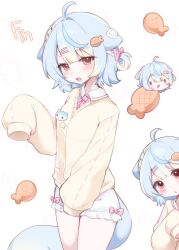  1girl :3 absurdres ahoge animal_ears anlacki blonde_streaks bloomers blue_hair blush cat_ears cat_girl cat_tail chibi chibi_inset commentary cookie cowboy_shot english_commentary fish_hair_ornament food hair_intakes hair_ornament hairclip highres long_sleeves looking_at_viewer multicolored_hair necktie open_mouth original parallel_hairclips paw_pose pink_necktie red_eyes short_hair sidelocks sleeves_past_fingers sleeves_past_wrists smile streaked_hair sweater tail white_bloomers yellow_sweater 