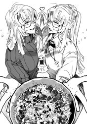  1other 2girls blush bowl breast_press breasts closed_mouth collared_shirt cross cross_necklace degrees_of_lewdity emilebois eyewear_strap food glasses greyscale heart holding holding_bowl jewelry mole mole_under_mouth monochrome mother_and_child mother_and_daughter multiple_girls necklace necktie open_mouth parent_and_child ponytail shirt sirris_(degrees_of_lewdity) sirris_(female)_(degrees_of_lewdity) smile sweatdrop sweater sydney_(degrees_of_lewdity) sydney_(female)_(degrees_of_lewdity) 