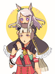  2girls ? animal_ears aqua_bow aqua_socks armband black_boots black_jacket black_skirt blunt_bangs blush boots bow bowtie breasts brown_hat carrying coat dress ear_bow ear_ribbon flying_sweatdrops frilled_coat frilled_jacket frills frxe3828 gloves gold_ship_(red_strife)_(umamusume) gold_ship_(umamusume) grey_hair hat highres horse_ears horse_girl horse_tail jacket long_hair long_sleeves medium_breasts mejiro_mcqueen_(frontline_elegance)_(umamusume) mejiro_mcqueen_(umamusume) multiple_girls open_mouth pillbox_hat pleated_skirt purple_hair red_bow red_dress shoulder_carry skirt sleeveless sleeveless_dress socks striped_armband striped_clothes tail umamusume violet_eyes white_gloves 