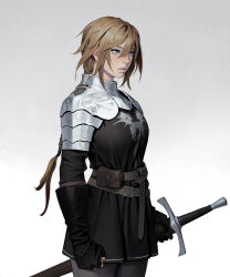  1girl armor art_study belt belt_buckle belt_pouch black_gloves black_tunic blue_eyes braid braided_ponytail breasts brown_belt brown_hair buckle clenched_hand closed_mouth commentary concept_art cowboy_shot dongho_kang english_commentary eyelashes fingerless_gloves gloves gorget grey_background grey_pants hair_between_eyes highres holding holding_sheath holding_sword holding_weapon lips long_hair looking_to_the_side low-tied_long_hair medium_breasts nose original pants pauldrons pouch scabbard sheath sheathed shoulder_armor sidelocks simple_background single_braid single_fingerless_glove solo sword tunic weapon 
