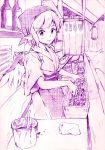  bottle food_stand graphite_(medium) grill japanese_clothes monochrome mystia_lorelei okamisty short_hair sketch sleeves_rolled_up solo tasuki touhou traditional_media vent_arbre wings 