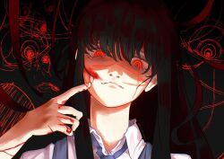  1girl black_hair blood blood_on_hand chainsaw_man closed_mouth collared_shirt cross_scar dark_background downturned_eyes dress finger_to_cheek glowing glowing_eyes glowing_scar gusavrg lips long_hair long_sidelocks neck_ribbon pinafore_dress red_eyes ribbon ringed_eyes scar scar_on_cheek scar_on_face scar_on_nose shirt sidelocks sleeveless sleeveless_dress underlighting yoru_(chainsaw_man) 