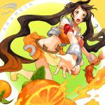  barefoot brown_hair food foreshortening fruit hands kyuusugi_toku midriff orange orange_eyes original twintails 