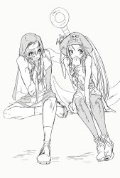  1boy 1girl anchor ankle_boots bare_shoulders between_legs boots bridget_(guilty_gear) bug crossdressing crossdressing_(mtf) dot_nose dress eating figure_four_sitting fingerless_gloves food food_in_mouth gloves greyscale guilty_gear guilty_gear_xx hand_between_own_legs hand_on_own_cheek hand_on_own_face hat highres insect_on_head jaggy_lines knees leaning_to_the_side light_blush long_hair looking_to_the_side may_(guilty_gear) monochrome nun nun_headdress pantyhose pirate_hat praying_mantis punchehere sitting skull_and_crossbones sleeveless smile steamed_bun trap very_long_hair 