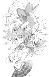 2girls arched_back arm_at_side bow breasts bubble_skirt buttons center_frills chest_jewel choker choppy_bangs collarbone cowboy_shot doily dot_nose dual_persona finger_to_own_chin frilled_skirt frills from_side gloves greyscale hair_ribbon hand_up head_tilt heads_together high_collar highres juliet_sleeves kaname_madoka kaname_madoka_(magical_girl) light_blush long_sleeves looking_at_viewer magical_girl mahou_shoujo_madoka_magica mahou_shoujo_madoka_magica_(anime) mitakihara_school_uniform monochrome multiple_girls neck_ribbon nemuri_80 own_hands_clasped own_hands_together parted_lips plaid_clothes plaid_skirt pleated_skirt profile puffy_sleeves ribbon rotational_symmetry school_uniform short_twintails sideboob sideways_glance simple_background single_horizontal_stripe skirt sleeve_cuffs small_breasts soul_gem_(madoka_magica) sparkle_background tareme time_paradox twintails undershirt upside-down waist_bow white_background wide-eyed