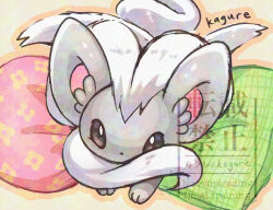  animal_focus black_eyes bright_pupils cinccino commentary_request fluffy full_body grey_fur kagure_(karaguren) looking_at_viewer lying neck_fur no_humans pillow pokemon pokemon_(creature) pokemon_focus simple_background solo white_fur white_pupils yellow_background 