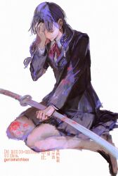  1girl artist_name black_hair black_jacket black_skirt blood blood_on_clothes blood_on_leg blood_on_weapon bow bowtie brown_shoes clenched_hand closed_eyes collared_shirt commentary_request crying english_text full_body guri_otoko hair_tie hand_on_own_face hand_on_own_thigh invisible_floor jacket kagurabachi katana loafers long_hair low_twintails pleated_skirt red_bow red_bowtie samura_iori shirt shoes sitting skirt solo sword twintails watermark weapon white_shirt yokozuwari 