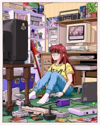  1girl arcade_stick artist_logo atari_2600_joystick blue_pants bomberman boombox bottle box breasts cardboard_box cassette_player cd_case commentary computer computer_keyboard computer_mouse controller desk donna_bright english_commentary family_computer_robot full_body game_cartridge game_console game_controller glasses hachisuke holding holding_controller holding_game_controller hudson instrument jose_salot joystick keytar laptop logo lum mario medium_breasts mega_man_(character) mega_man_(classic) mega_man_(series) mega_man_legends_(series) monitor original pants plant playing_games playing_video_games poster_(object) potted_plant red_hair servbot_(mega_man) shelf shirt socks solo sticker stool super_mario_bros. television thinkpad twitter_username urusei_yatsura watch watch white_bomberman white_socks wii yellow_eyes yellow_shirt 