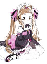  1girl absurdres alternate_hairstyle bare_shoulders black_bow black_bowtie black_dress black_shoes bow bowtie brooch brown_eyes brown_hair cat_ear-shaped_hair cat_tail child clothing_cutout dot_nose dress expressionless frilled_thighhighs frills gem gloves grey_gloves hair_bow heart heart_brooch highres ichihara_nina idolmaster idolmaster_cinderella_girls idolmaster_cinderella_girls_u149 jewelry large_bow light_blush long_hair long_sleeves looking_at_viewer nf_kb own_hands_together partially_colored pink_bow purple_bow purple_gem shoes shoulder_cutout sitting socks solo straight_hair tail thigh-highs twintails very_long_hair wariza wavy_sidelocks white_background white_headdress white_socks white_thighhighs wide_sleeves zettai_ryouiki 